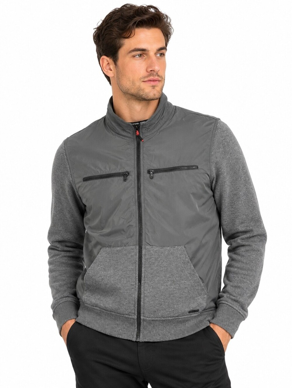 Michael Kors Men’s Gray Mixed Media Full Zip Jacket Knit Sleeve Utility - L